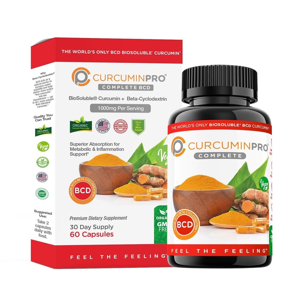Curcuminpro Complete BCD | Maailma ainus biolahustuv vegan beetatsüklodekstriin & orgaaniline kurkumiin | Looduslik liigeste ja lihaste tugi | Vegan | 60 Count