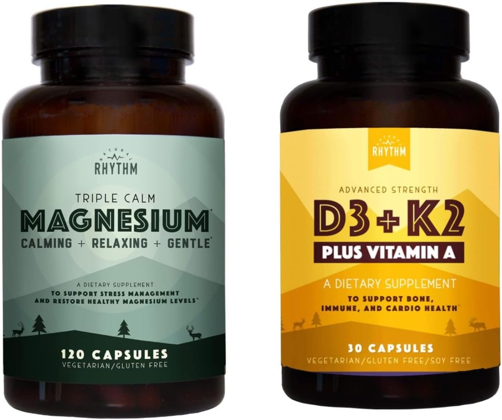 Natural Rhythm Triple Calm Magneesium 150 mg - 120 kapslit - Magneesium Complex Supplement W / looduslik Rhythm Vitamiin D3 + K2 (MK7) Plus A-vitamiin, luu, südame ja immuunsüsteemi Tervis, 30 kapslit