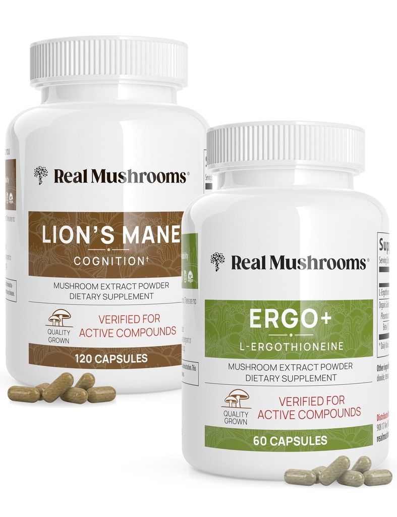 Ergotioneiin (60ct) ja Lions Mane (120ct) Sidu koos Shiitake ja austrite seeneekstraktidega - pikaealisus ja tunnetus - Vegan, Gluteenivaba, Non-GMO