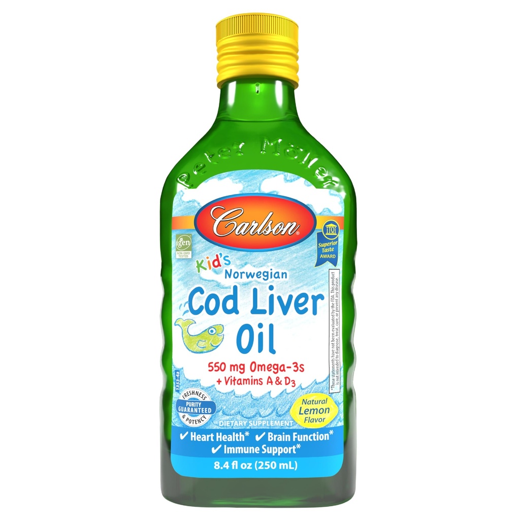 Carlson - Kid's Cod Maks Oil, 550 mg Omega-3s, vitamiinid A & D3, Wild Norwegian, Sidrun, 250 ml