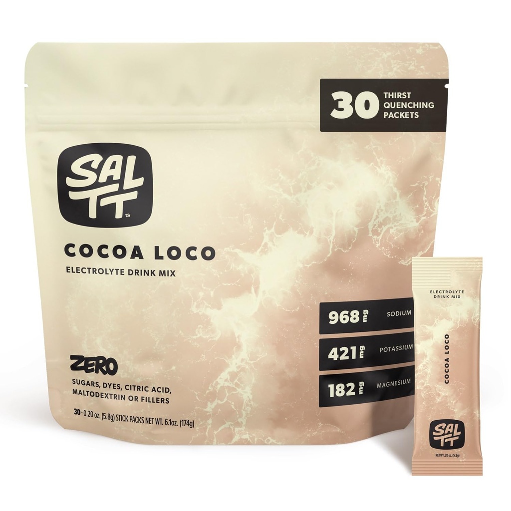 SALTT Elektrolüüdid Maitsestatud Joogi Segu - Kakao Loco - 30 Hüdraadipaketti - Magneesium, Kaalium, Naatrium, Trace Minerals - Nullsuhkur Ja Gluteenivaba - Travel Essentials