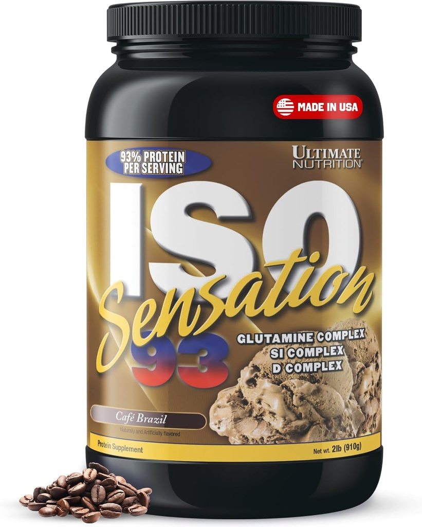 Ultimate Nutrition Whey Protein Isolaatpulber glutamiini kompleksiga, ISO Sensation 93 - vadakuvalgu pulber koos lisatud ternespiimaga tõhustatud taastumiseks, immuunsuseks ja soolestiku terviseks - Cafe Brasiilia, 2 lbs