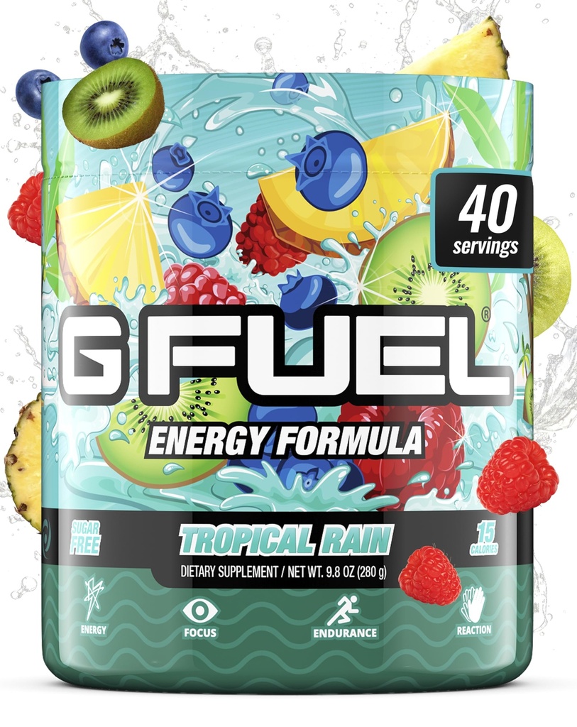 G Kütus Troopiline Vihm Energiajook Pulber, Pre Treening Kofeiin Segu Mängud, Sugar Free Focus Amino, Vitamiin + Antioksüdandid, 9,8oz (Fruit Medley, 40 Servings)