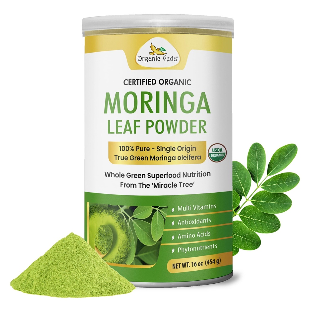Organic Veda Moringa Powder - Premium Harvest Real Green Native Moringa Oleifera, Vitamins & Antioxidant Rich Leaves - USDA Organic, Gentle Dried Drumstick Leaf Powder (16 oz (Pack of 1))