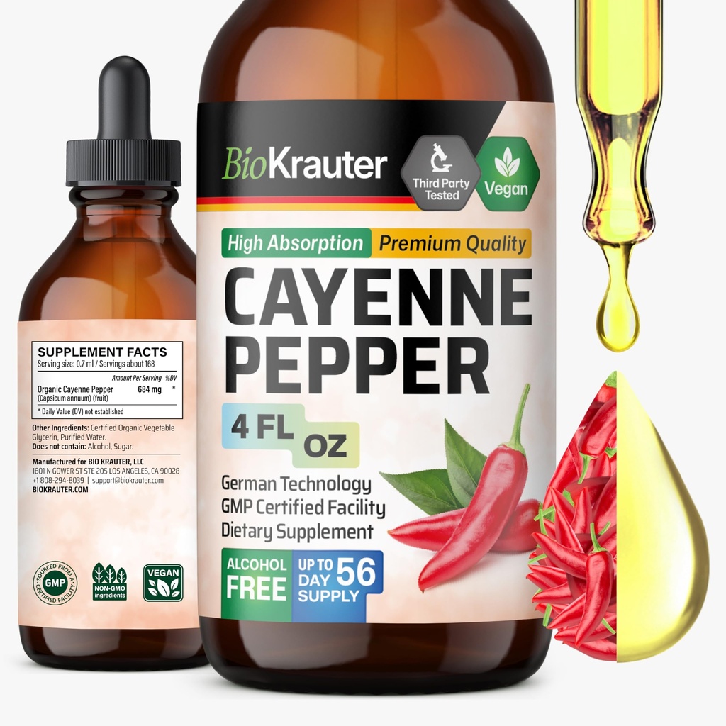 BIO KRAUTER Cayenne Pepper Extract Vedelik - Puhas kapsaitsiini ekstrakt - Vedel Cayenne Pepper tilgad seedetrakti toetuseks - Suhkur ja alkoholivaba 4 Fl.Oz.