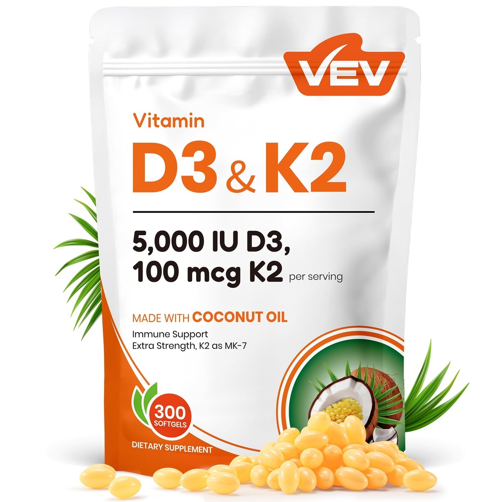 VEV Corefeel Vitamiin D3 K2, 5000 IU D3 100mcg K2 (MK 7), 300 Softgels, 2-in-1 Vitamiin D & K täiendus kookosõli, toetab kaltsiumi imendumist ja luude tervist, lihtne neelata