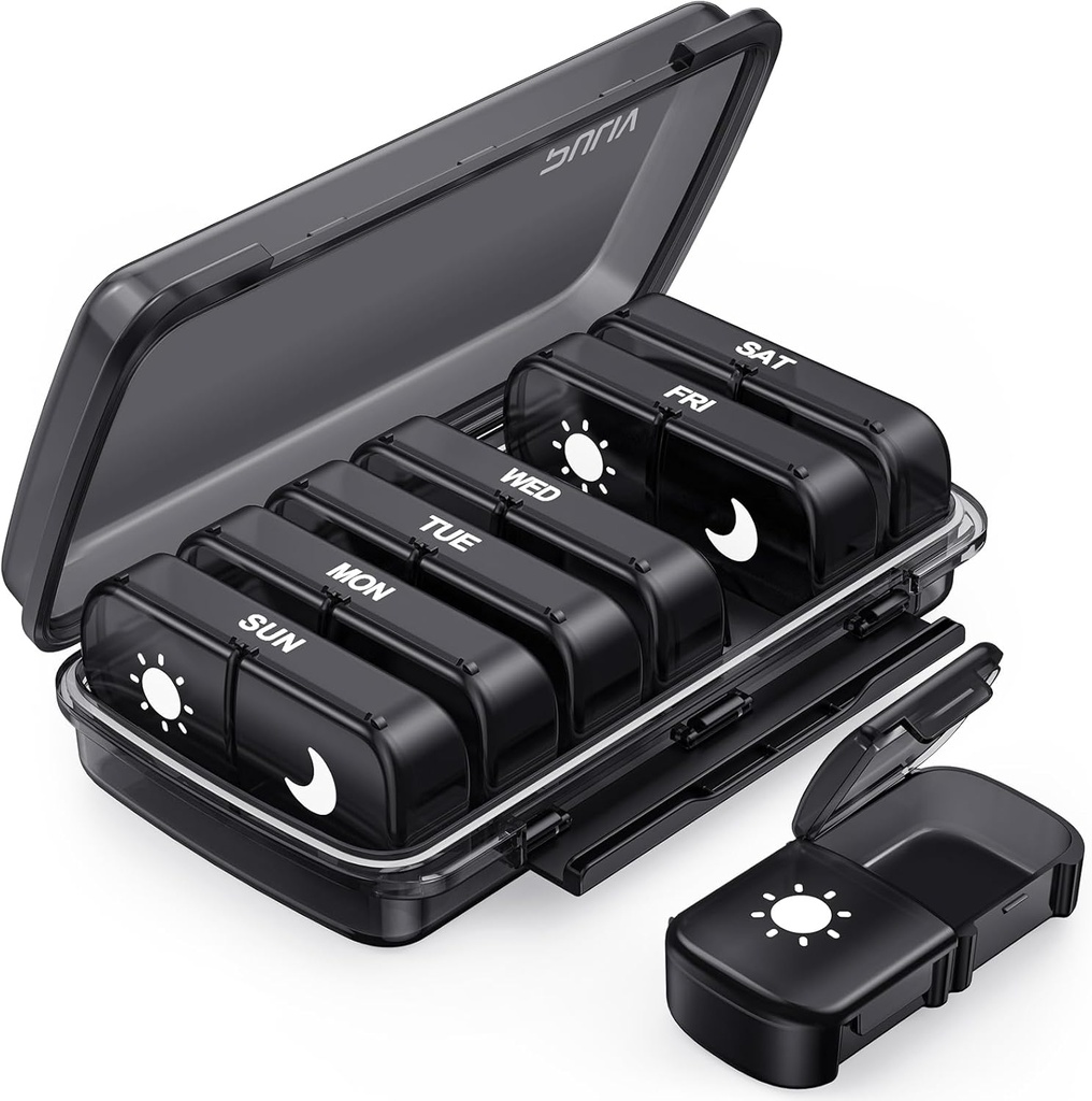 PULIV Weekly Pill Organizer 7 päeva 2 korda päevas, Black Damp-Proof AM PM Pill Box 7 päeva, Pill Case kaasaskantava disainiga, Suur meditsiini organisaator vitamiine, ravimeid, kalaõli, toidulisandeid