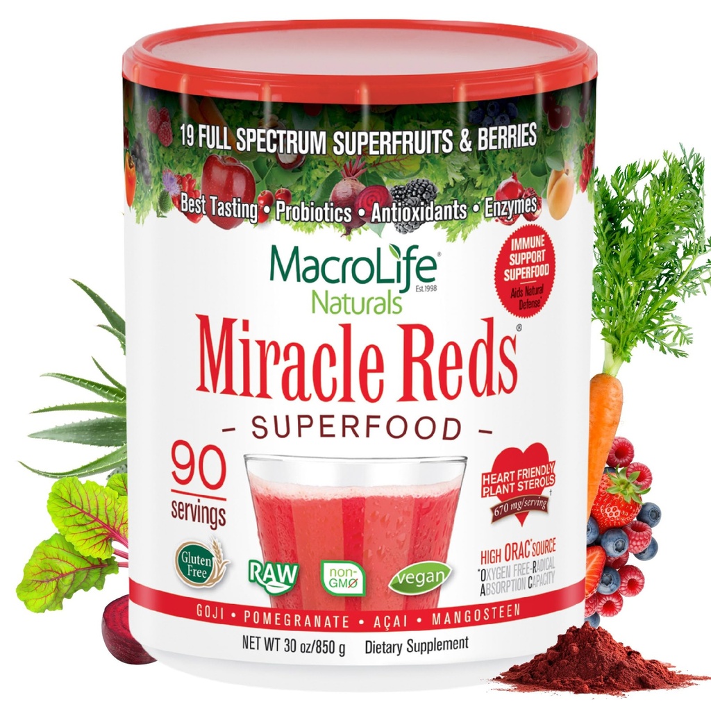 MacroLife Naturals Miracle Reds Superfood Supplement Pulber Antioksüdandid Polüfenoolid Ensüümid Probiootikumid - Toores Mitte-GMO Organic Vegan Gluten & Dairy Free - 30oz (90 Servings) 30oz
