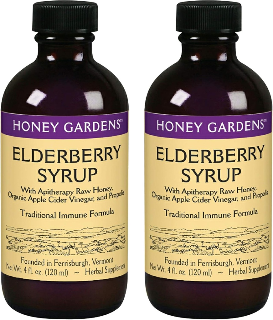 Honey Gardens Elderberry Syrup koos A-klassi toores mesi, propolis, orgaaniline ACV ja Elderberries | Traditsiooniline Immune Formula w/Echinacea | Made in The USA (4oz, 2pk)