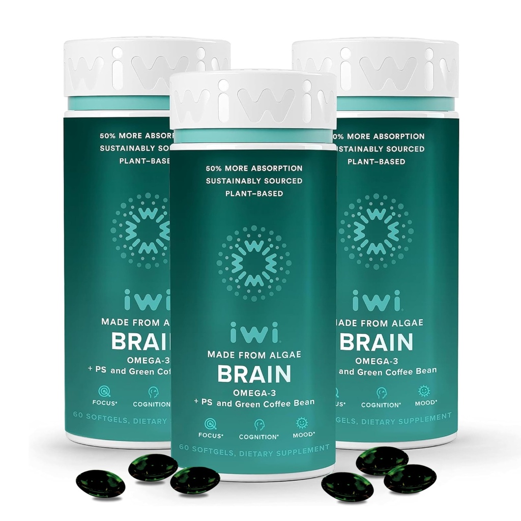 iwi elu Aju Omega-3, 180 Softgels (90 Servings), Vegan taime baasil vetikad Omega-3 koos EPA + DHA, fookus, mälu ja meeleolu toetamine Dietary Supplement, Krill & Fish Oil Alternatiivne, No Fishy Aftertaste