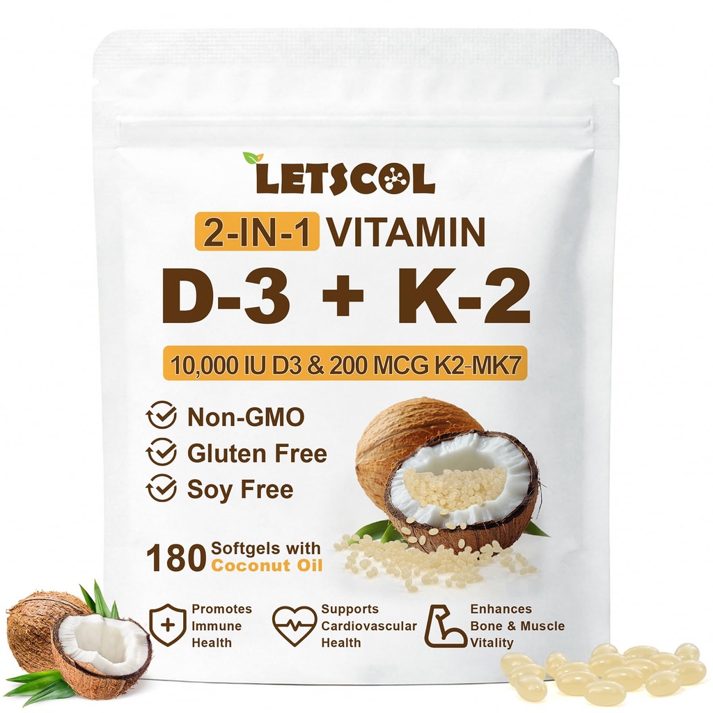 2-in-1 Vitamiin D3 K2 Täiendus Softgel, Vitamiin D3 10000 RÜ ja Vitamiin K2 200 mcg, K2 MK7 koos D3 Vitamiinilisandiga Toeta immuunsust, südant, liigest, hambaid ja luu tervist
