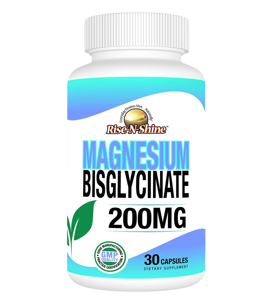 Rise-N-Shine - Magneesium Bisglütsinaat 200 mg - liigeste ja lihaste tugi - lisand energia, seedimise ja luude toetamiseks - Magneesium une toetamiseks ja puhkamiseks (30 kapslit)