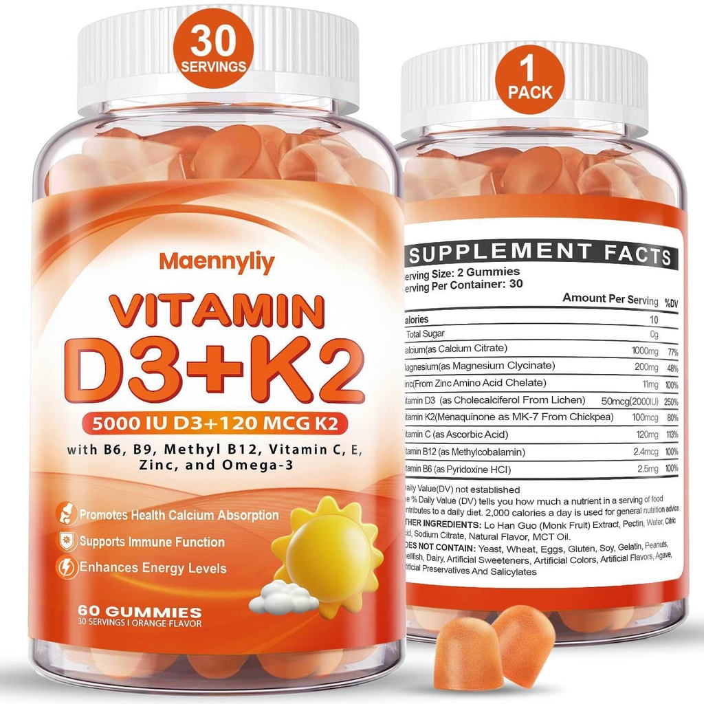 Vitamiin D3 K2 kummid täiskasvanutele - Vitamiin D3 5000IU + K2 (MK-7) 120mcg - suhkruvaba D3 ja K2 toidulisandid Omega-3, Metüül B12, B9, B6, vitamiinid E ja tsink - kaltsiumi imendumiseks ja immuunsus tervisele