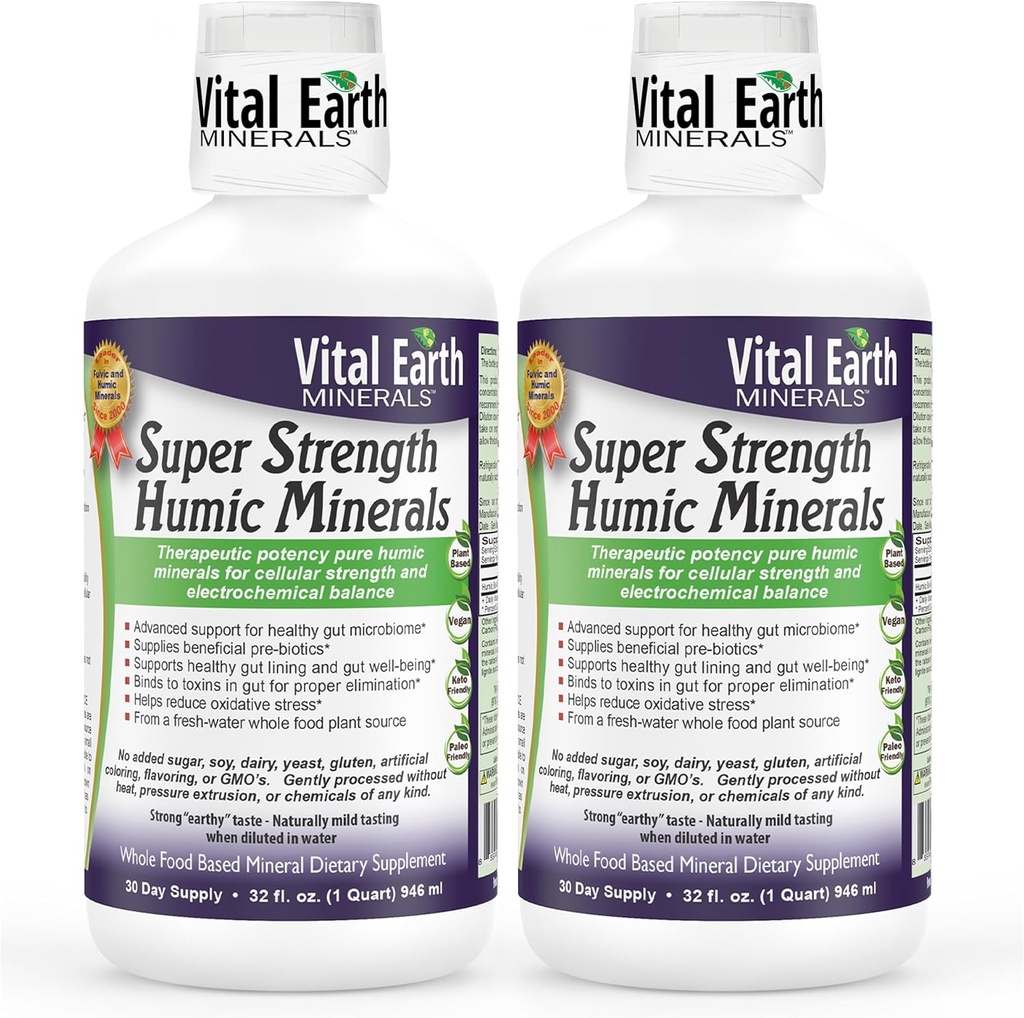 Vital Earth Minerals Super Tugevus Humic Minerals 2-Pack - Fulvic Acid Supplement koos 70 + Trace Minerals, Elektrolüüdid Detox & Seedimine, 32 Oz Ea + 1 Oz Cup