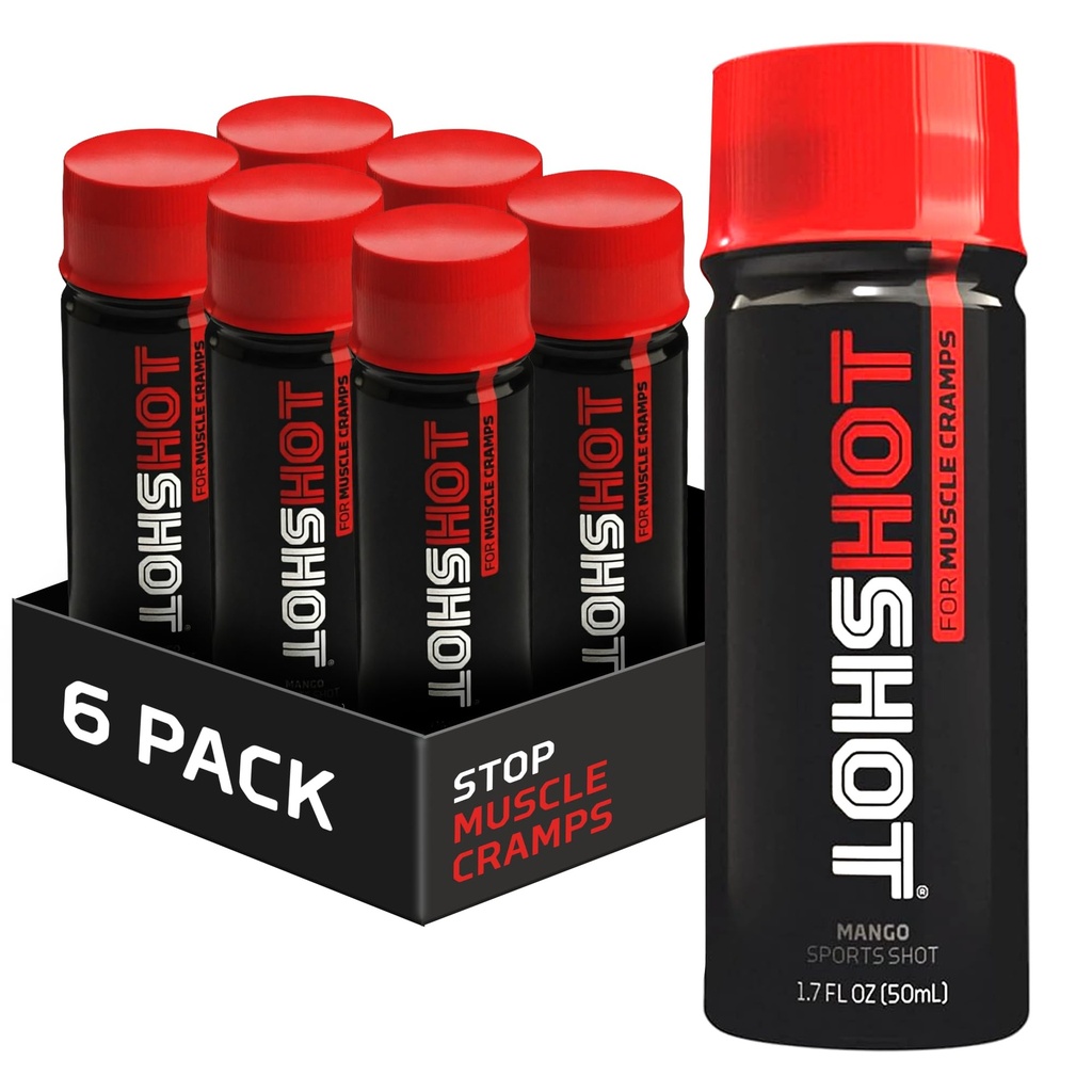 HOTSHOT Sports Shot Lihaskrampide leevendamine, kõik looduslikud vedelad spordijoogid, teaduslikult tõestatud, jalgade ja öiste krampide jaoks, uhkelt NSF sertifitseeritud spordi jaoks, (Spicy Mango) (1,7 Fl Oz) (Pakk 6)