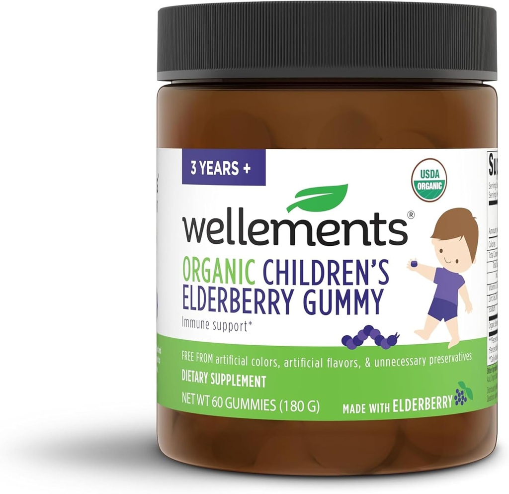 Wellements Organic Children's Elderberry Gummy | Daily Kids Immune Support Gummies *, valmistatud C-vitamiini ja tsingiga, USDA sertifitseeritud orgaaniline, kunstlike värvideta | 2 aastat +, 60 loend