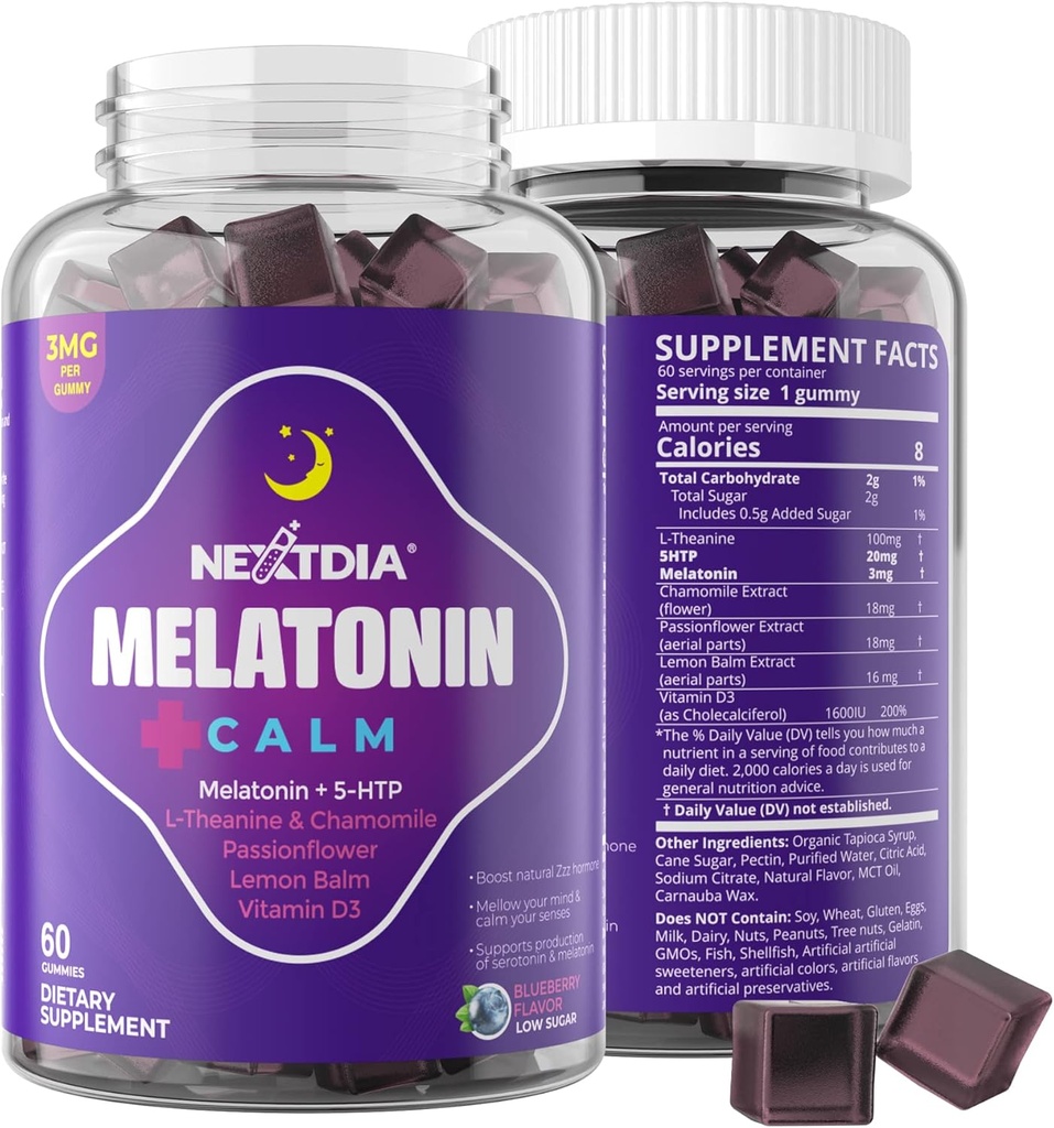 Melatoniin Gummies 3mg 5mg 1mg - Tervislik Rahulik Tsükli Toetus 5HTP, L-Theanine, Sidrun Balm, Kummel, Passion Flower, Vitamiin D3 Immune Support - Madal suhkur, želatiin vaba, Vegan - 60 Loeb