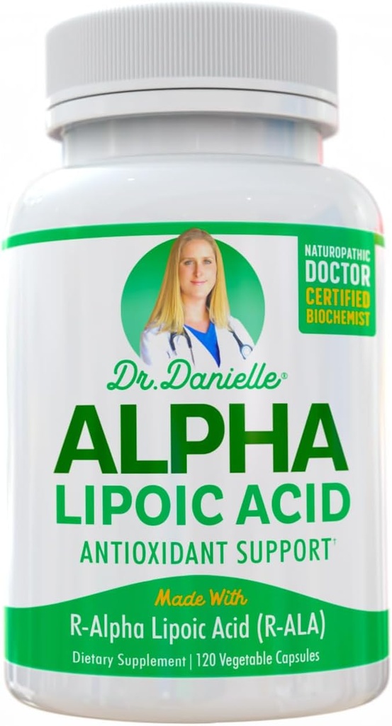 Dr Danielle'i alfa-lipohape, neuropaatia tugi, mitte-GMO, gluteenivaba, vegan, sojavaba, soodustab tervislikku veresuhkrut, alfa R-lipohapet R-ALA, R-ALA, 120 Veggie kapslit