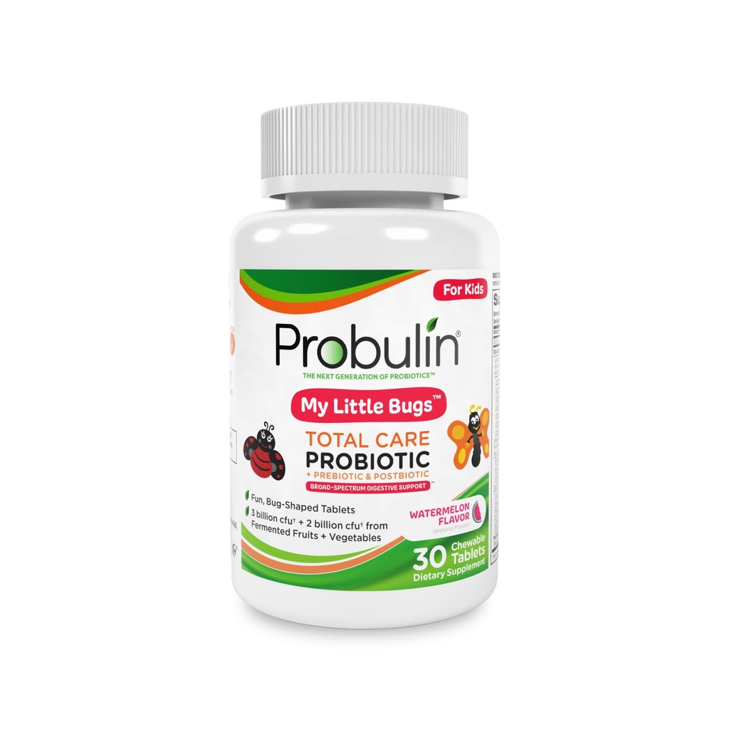 Probulin Total Care Kids Probiootilised närimistabletid, My Little Bugs Prebiootikumid, probiootikumid ja postbiootikumid Närimislisandid, 5 miljardit CFU, 15 tüve, 30 Count pudel