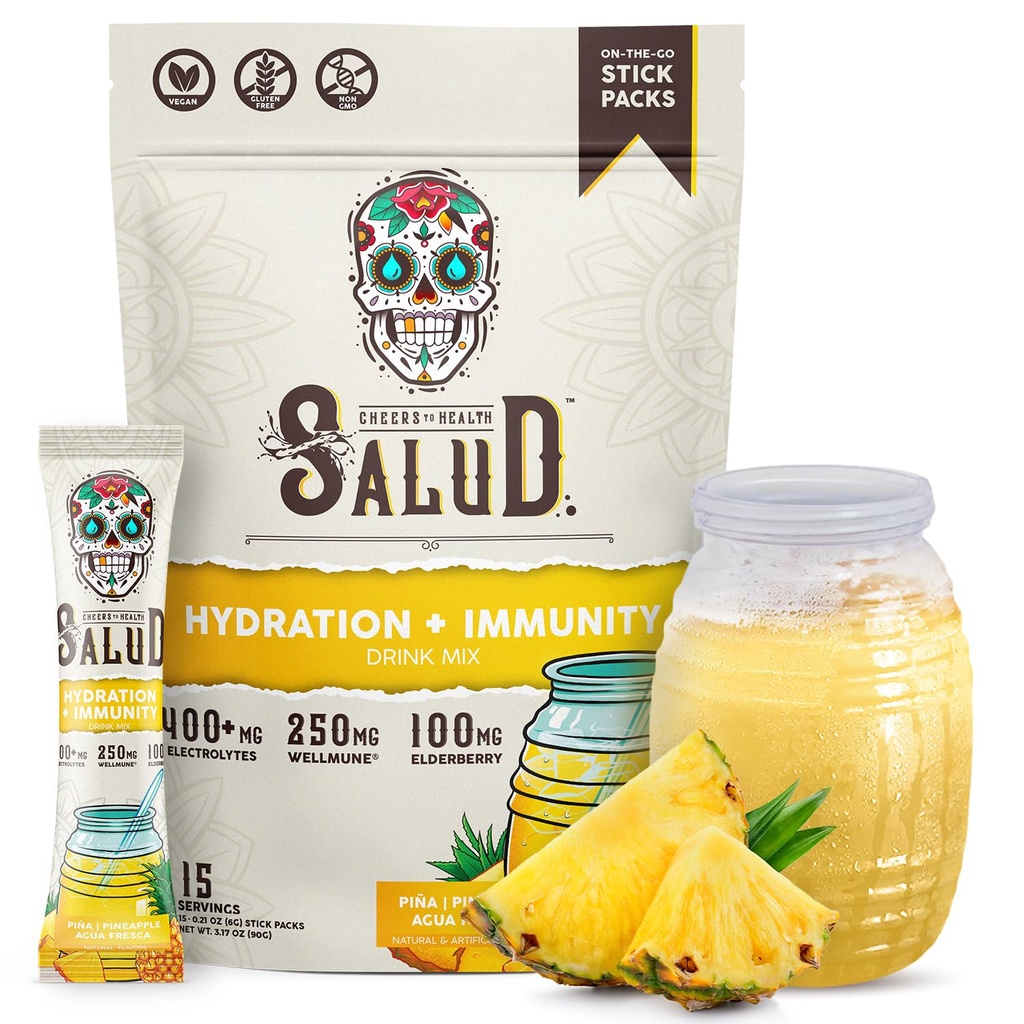 Salud 2-in-1 hüdratsioonipaketid + immuunsus elektrolüütide pulber, ananass - Agua Fresca joogisegu, leedrimarja, piimatoodete ja sojavaba, GMO-vaba, vegan, madala kalorsusega, 1 g suhkur (15 serveerimist)
