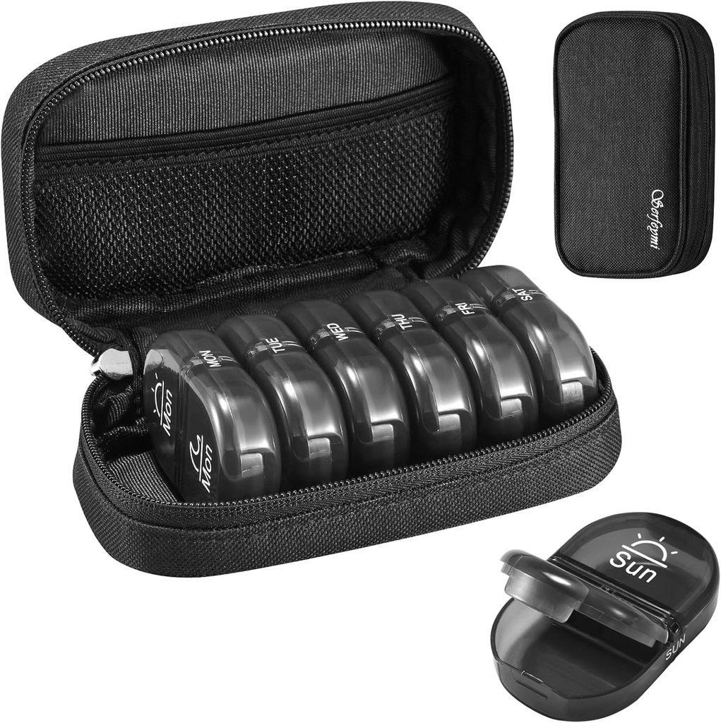 Serfeymi Weekly Travel Pill Korraldaja 2 korda päevas PM Täiustatud Black Pill Box 7 päeva kaasaskantav Zipper Canvas Pill Case, meditsiin Korraldaja pillid, vitamiinid, toidulisandid, kalaõlid - Black 01