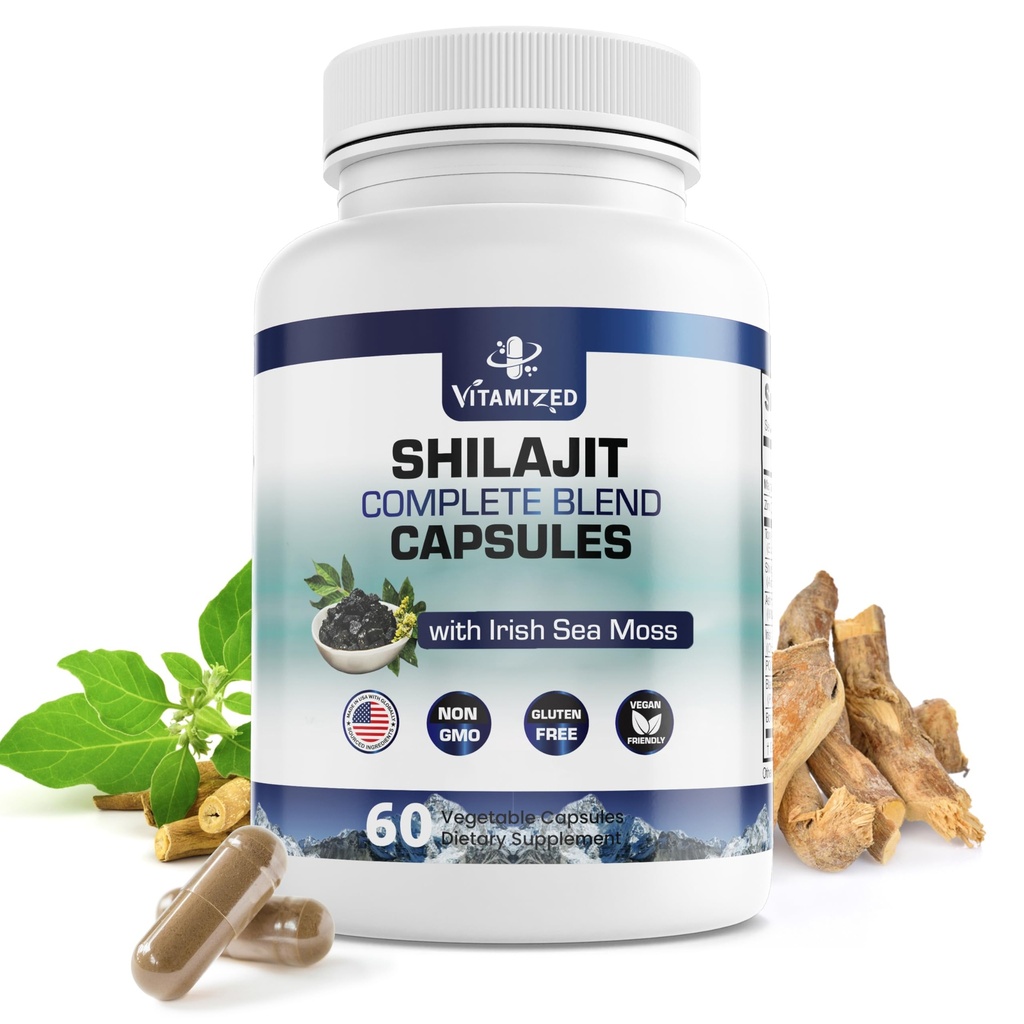 Pure Himalayan Shilajit meestele ja naistele - 10 000 mg Shilajit Ashwagandha Supplements + Irish Sea Moss, Tongkat Ali, PQQ & More - 60 kapslit