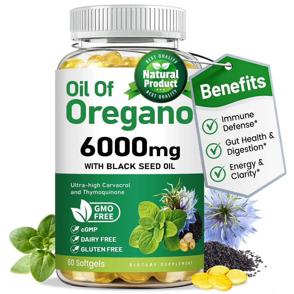 vivcmin Oil of Oregano Softgels with Black Seed Oil, Oregano Oil Capsules for Immune & Digestive Support, Retains Carvacrol & Thymoquinone, Non-GMO, Gluten Free, 60 Softgels