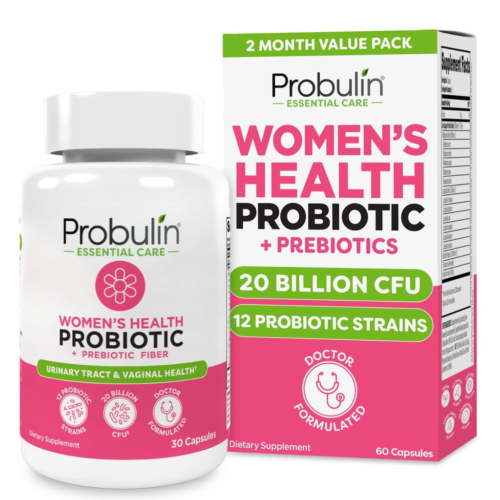 Probuliin Naiste probiootikum - Vaginaalne, TÜ, soolestik ja immuuntervis Lactobacillus Reuteri - 20 miljardit CFU, 12 probiootilist tüve ja prebiootikume - 60 vegan, gluteenivabad kapslid kogu keha heaolu jaoks