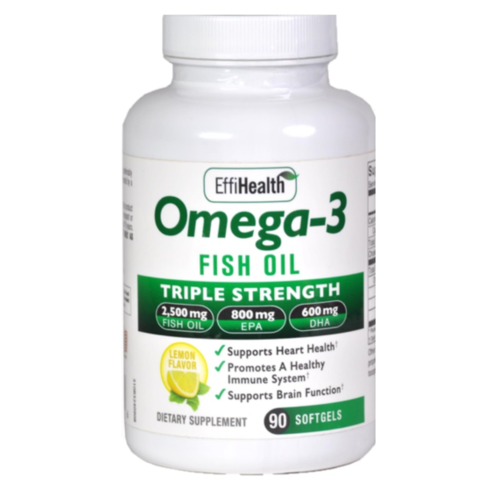 EffiHealth Omega-3 kalaõli - kolmekordne tugevus 2500mg kalaõli, 1200mg EPA, 600mg DHA - toetab südame tervist, aju tervist ja immuunsust - sidruni maitse, haputu kalaõli
