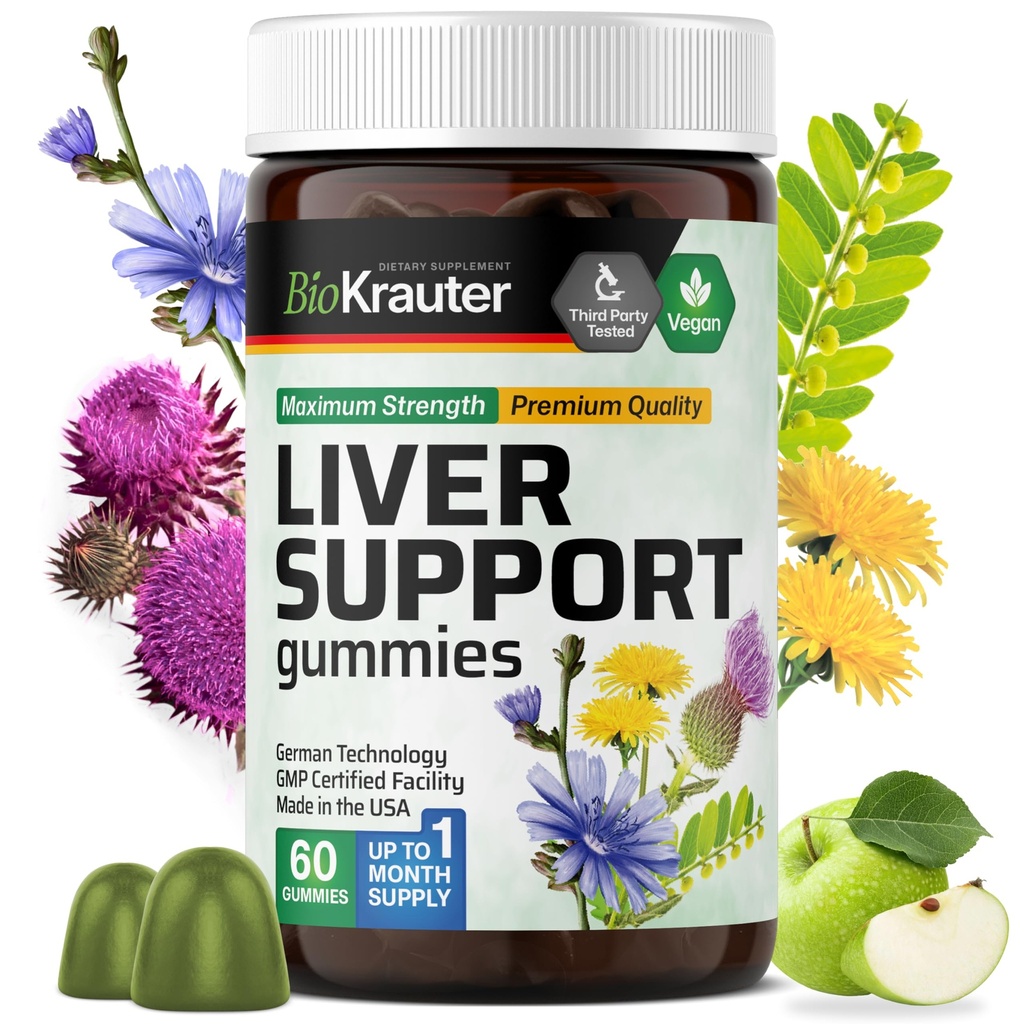 BIO KRAUTER Maksalisandi Gummies - 60 Vegan Chews w / Piimohakas, Dandelion Juur Maksa puhastamiseks & Detox - 80% Silimariin