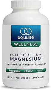 Equilife Full Spectrum Magneesium Supplement, Magneesium Glycinate, tsitraat, & Malate, Bioavailable Mineral Blend, Dairy, Soy, & Gluten Free, Vegan, Non GMO, 180 kapslit