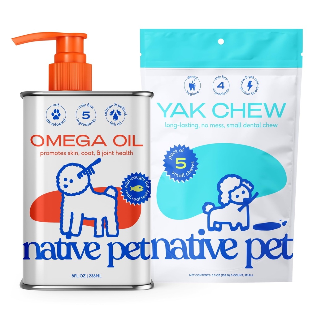 Native Pet Omega Oil for Dogs - Fish Oil Supplements 8 Oz & 5 Small Yak Chews for Dogs | Karjakasvatuse ja orgaanilise Yak Juust Himalayan Churpi Sticks