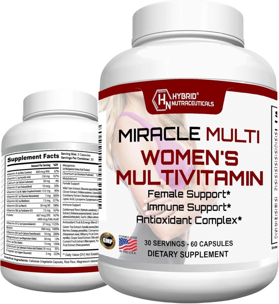 MiracleMulti Multivitamiin naistele - Naiste tugivalem, immuuntoetus, mineraalid, biotiin, antioksüdandid ja supertoidud Blend - 60 kapslit