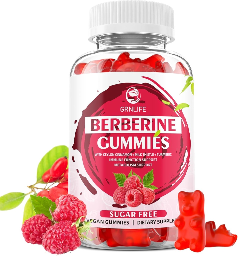 Berberine Gummies koos Ceylon Cinnamon 1500mg kõrge potentsi Berberine HCL täiendus immuunsüsteemi ja ainevahetuse toetamine, suhkruvaba, Vaarika Maitse - 60 Count