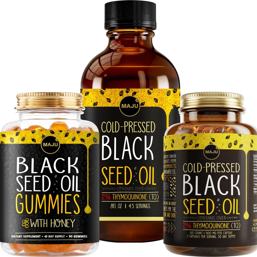 Maju Superfoods Black Seed Oil 3-in-1 Bundle, Gummies, Capsules & Vedel