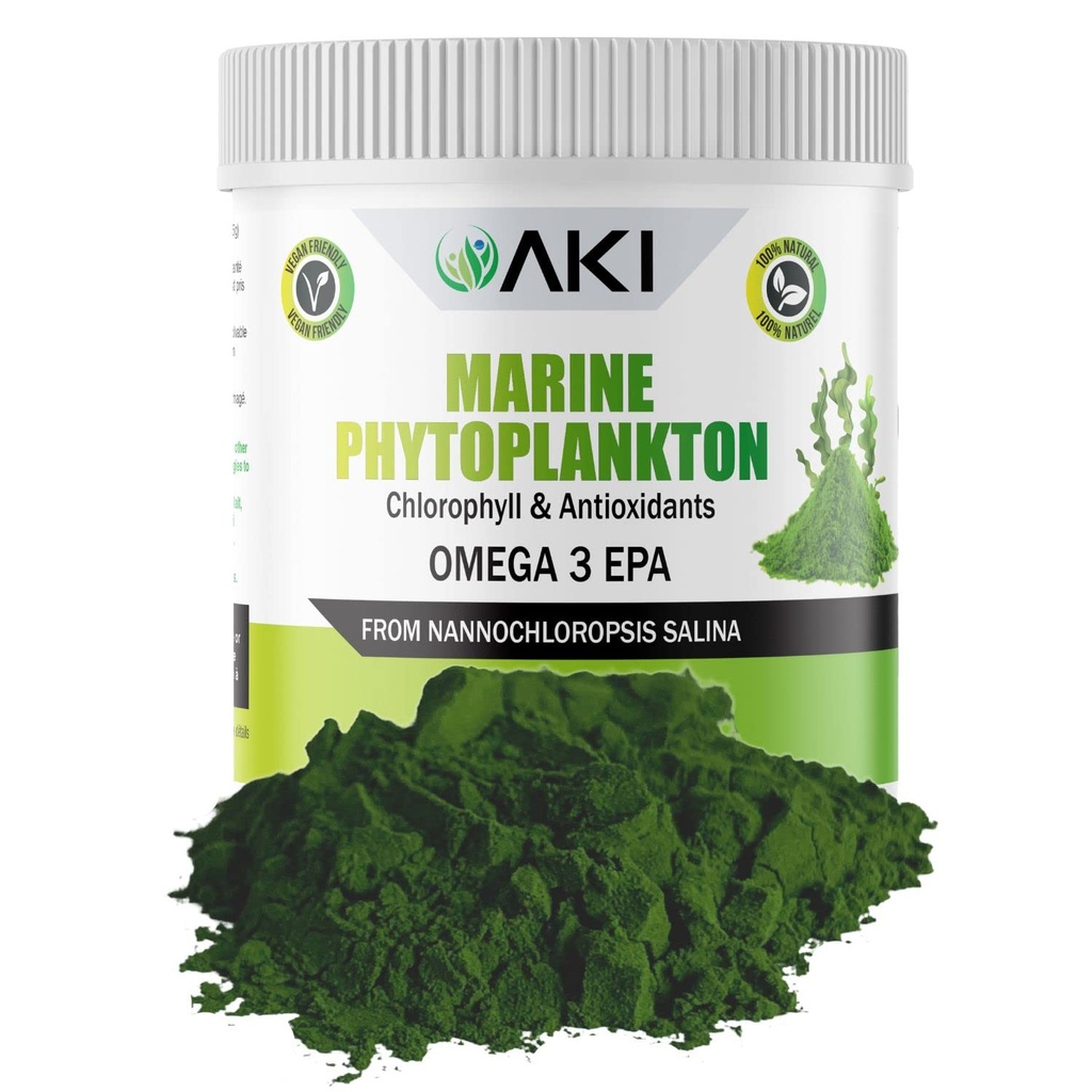AKI Marine Phytoplankton Pulber - Allikas toores Omega-3 EPA Mikrovetikad Nannochloropsis - Taimepõhised valgud, vitamiinid üldise heaolu - Täielik valguallikas, Vegan ja GMO vaba (2oz/57g)
