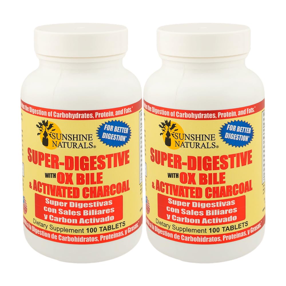 Sunshine Naturals Super Seedetrakti täiendus. Ox Bile ja aktiveeritud süsi seedetrakti toetamiseks, puhumiseks, soole puhastamiseks, toitainete imendumiseks ja üldiseks heaoluks. 100 tabletti. Pakk 2