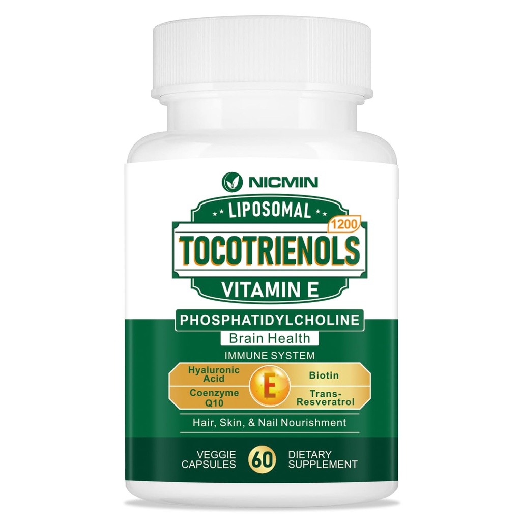 1200MG E-vitamiini tokotrienoolid Liposomaalsed tokotrienoolid Täiendus koos fosfatidüülkoliiniga, 95% delta-tokotrienoolid ja 5% gamma-tokotrienoolid, kõrge imendumine südamele, aju funktsioon 60 kapslit