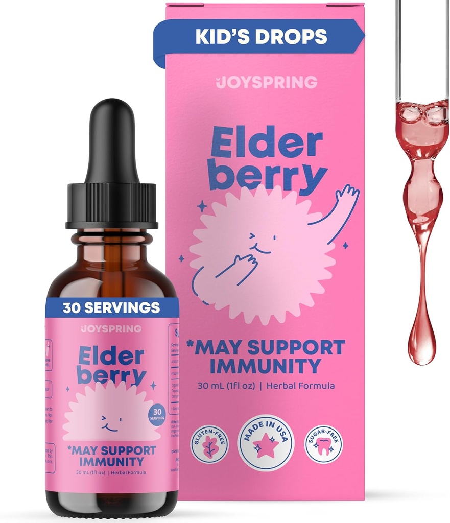 JoySpring Elderberry väikelastele ja lastele Immune Support Vedelik (1 fl oz) | Orgaaniline väikelapse Elderberry tilgad C-vitamiiniga | Looduslik maitse | Vegani lisand