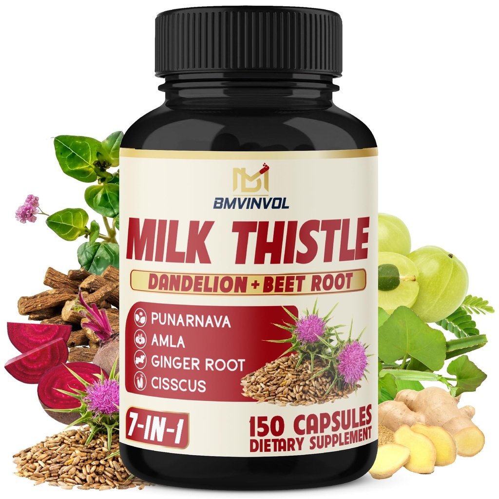 BMVINVOL Milk Thistle Capsules with Beet Root, Punarnava, Amla, Ginger, Dandelion, Cissus - 150 Count - 5 Month Supply