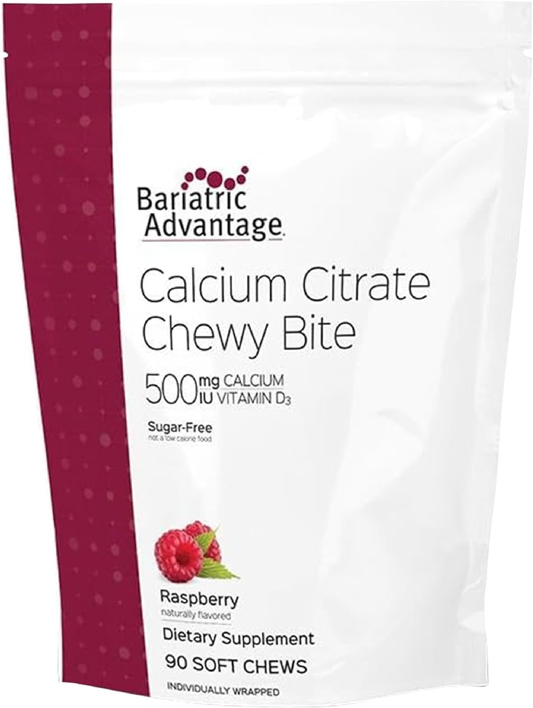 Bariatric Advantage Kaltsiumtsitraat Chewy Bites 500 mg - väga imenduv & seeditav - Vitamiin D3 - kergesti näritav kaltsiumilisand - Vaarikamaitse - 90 Count