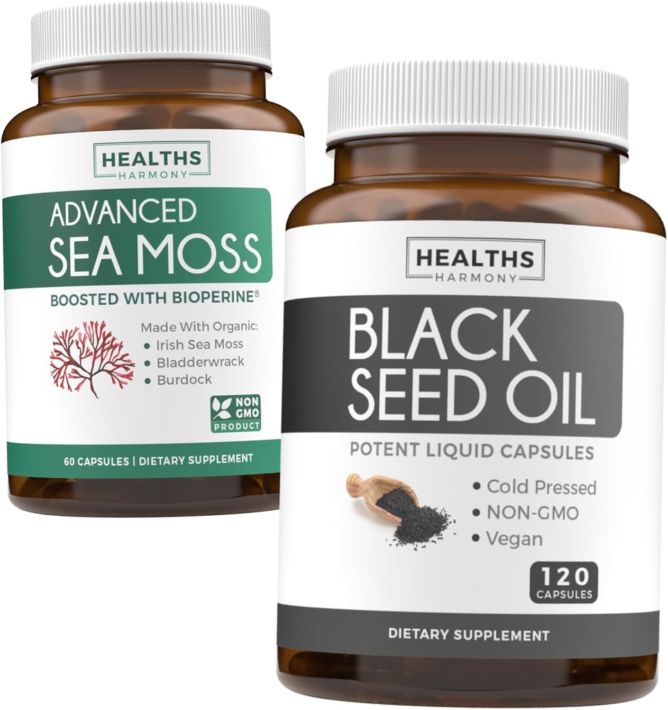 Musta seemne ja merisambla (1-kuuline varu) toitev musta seemne õli looduspakett 120 softgelkapslid (mitte-GMO & Vegan) Külmpressitud Nigella Sativa & Iiri mere sammalkapslid (mitte-GMO & Organic)