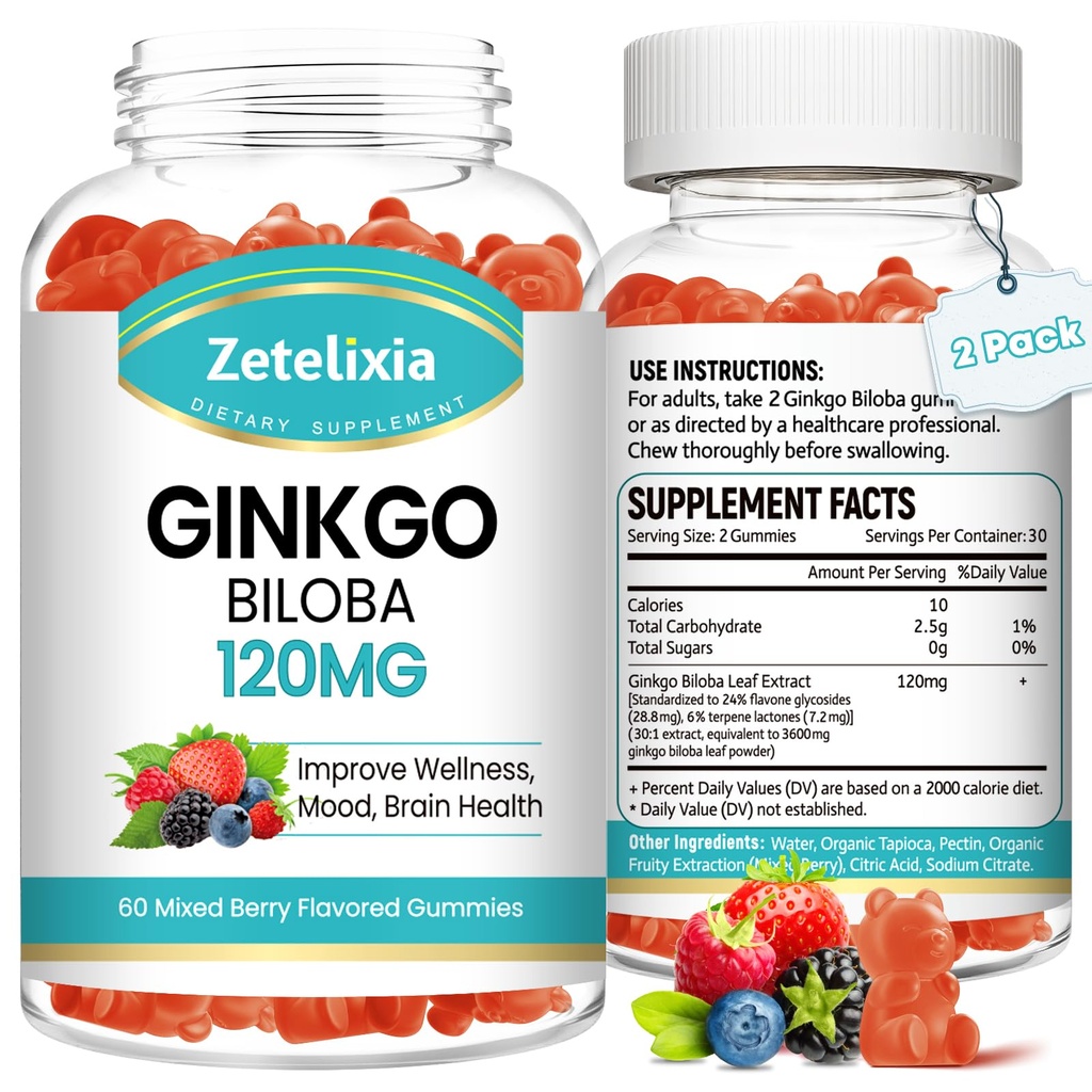 2 Pack Ginkgo Biloba Gummies naistele ja meestele, aju täiendus parandab paremat meeleolu ja keskendumist, Vegan Segatud Marja maitse 120 Count