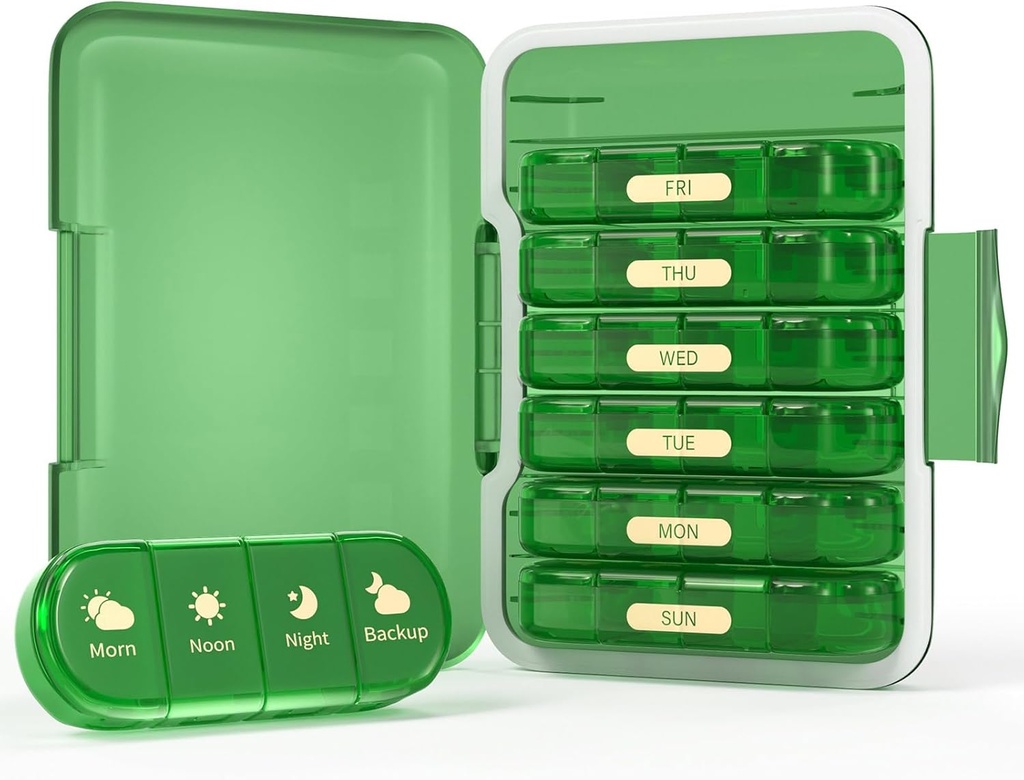 Iganädalane pillide korraldaja 4 korda päevas, 7 päeva pillide kast 4X, kaasaskantav reisipillide juhtum pillide / vitamiini / kalaõli / ravimite / lisandite jaoks (4x7 roheline)