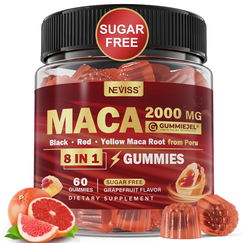 Maca Juur Täidetud Gummies 2000mg Naistele Meestele | Suhkruvaba | Orgaaniline Must, Punane, Kollane Maca Juur Täiendus Kummikommid Ashwagandha Ginseng & Zinc | Vegan, Non-GMO, Greibimaitse, 60 Count