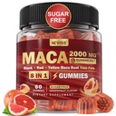 Maca Juur Täidetud Gummies 2000mg Naistele Meestele | Suhkruvaba | Orgaaniline Must, Punane, Kollane Maca Juur Täiendus Kummikommid Ashwagandha Ginseng & Zinc | Vegan, Non-GMO, Greibimaitse, 60 Count