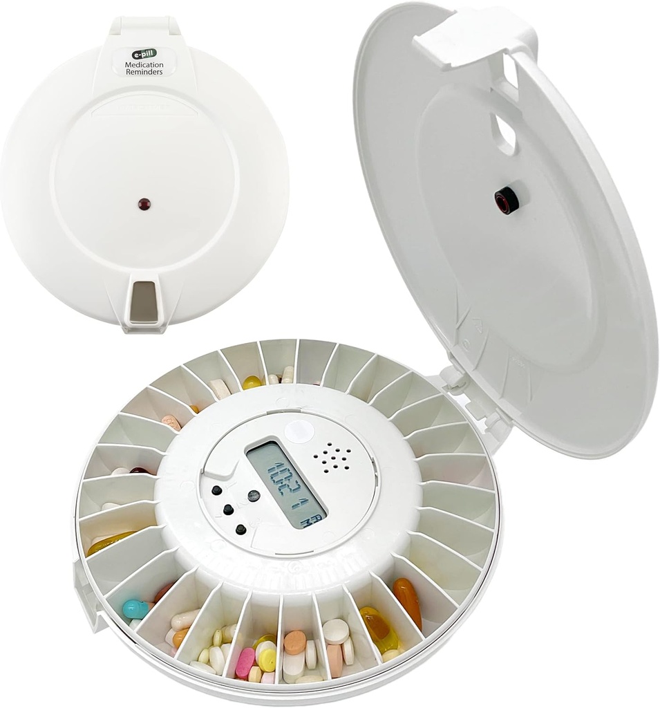 e-Pill MedTime Locked Automatic Pill Dispenser – turvaline, kergesti kasutatav ravimikorraldaja koos 24 igapäevase häirega – ideaalne eakatele, dementsusele ja Alzheimeri tõve ravile – White Lid