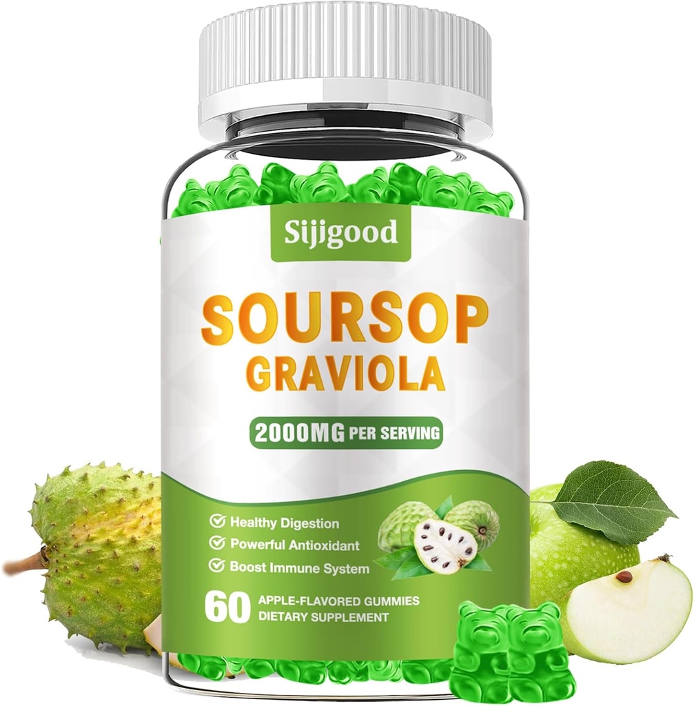 Sugar Free Soursop Graviola Gummies - Organic Soursop Leaves & Fruit Extract - Seedetrakti abi, Immune Support & Antioxidant omadused - 60 Apple Maitsestatud Gummies