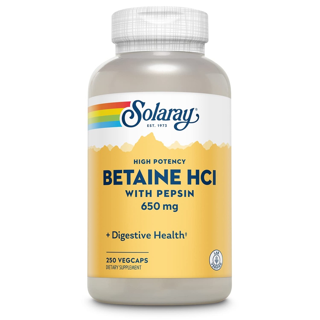 Solaray High Potency Betaine HCL koos pepsiiniga - soolhappe lisand seedetrakti tervisele - betaiinvesinikkloriidi ja seedeensüümidega - soolestiku tervise tugi - 60-päevane garantii, 250 VegCaps