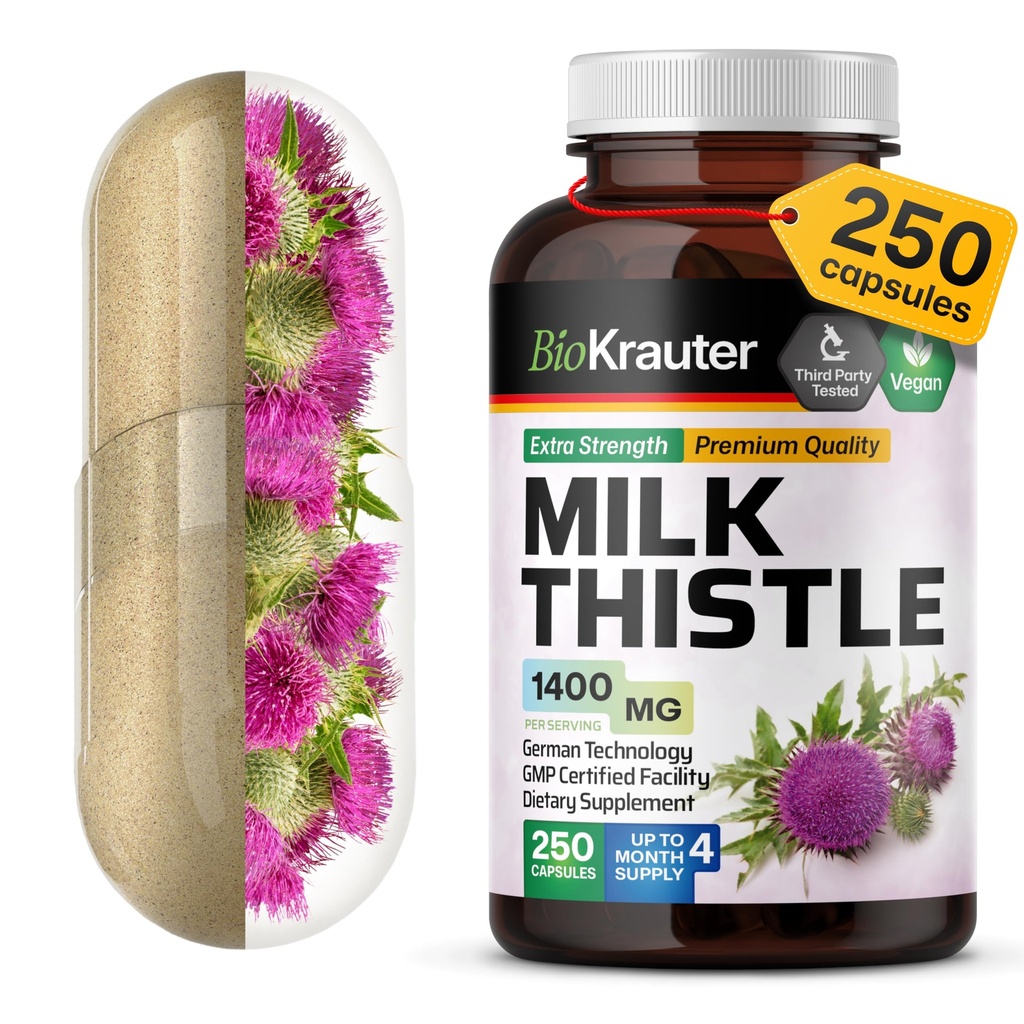BIO KRAUTER® piimaohaka lisand maksa puhastamiseks ja detoksiks - puhas veganpiimaohaka ekstrakt 1400 mg serveerimiseks Сontains Silymarin - 250 kapslit, 125 tarnepäeva, mitte-GMO
